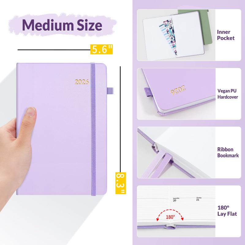 SUNEE 2026 Weekly & Monthly Hardcover Planner 5.5"" x 8.3"" - 12 Month (January 2026 - December 2026), Small Hardcover Planner, Pocket, Notes, 100 GSM Paper, Purple - Image 5